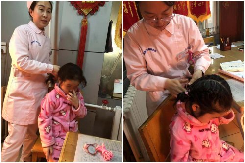 亲情服务，六病区护士给即将出院的小患者梳头发